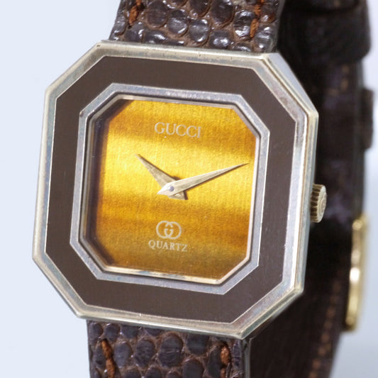 OLD Gucci 激レア!!ヘキサゴン×タイガーアイ腕時計(リザード・茶)