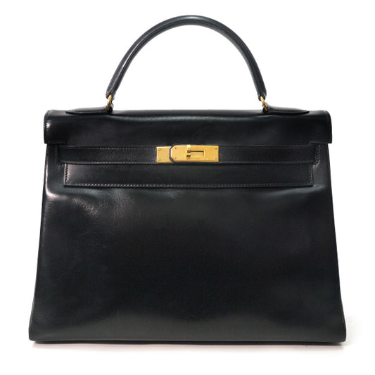 HERMES ヴィンテージケリー32 内縫 ボックスカーフ ショルダーストラップ付き(黒)