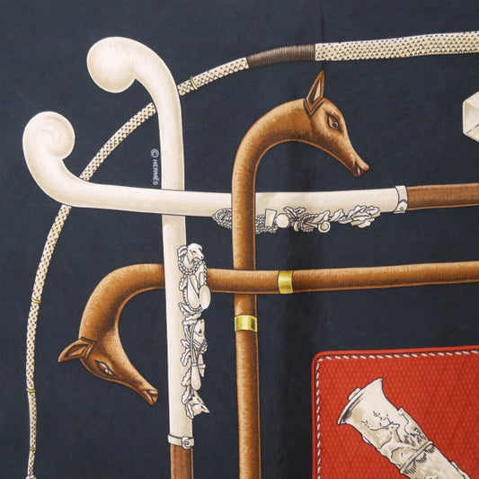 HERMES 大判カレ90 スカーフCANNES&POMMEAUX(黒/ステッキ)