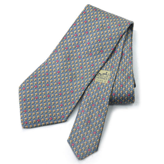 HERMES キノコ柄シルクネクタイ(グレー系)