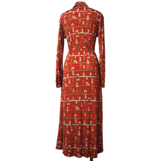 HERMES ベルト付きシルクワンピース "JUMPING"(赤系)