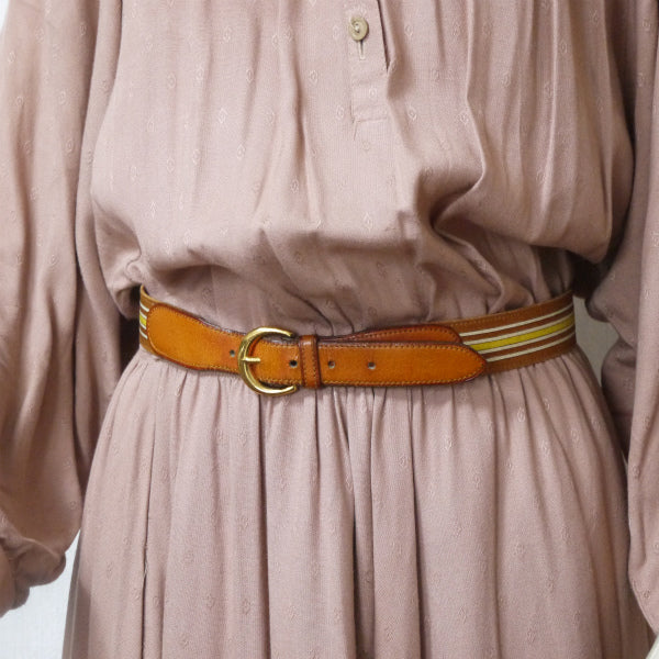 HERMES 75年製 バイカラー レザーキャンバスベルト(キャメル系)