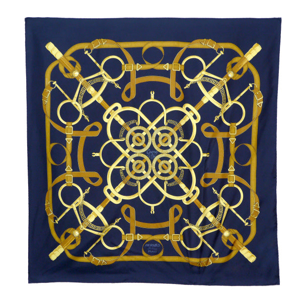 HERMES★カレ90 『Fellier Eperon d'or 黄金の拍車』 HERMES 大判カレ90スカーフ Eperon d'Or（黒系/黄金の拍車） – Vintage