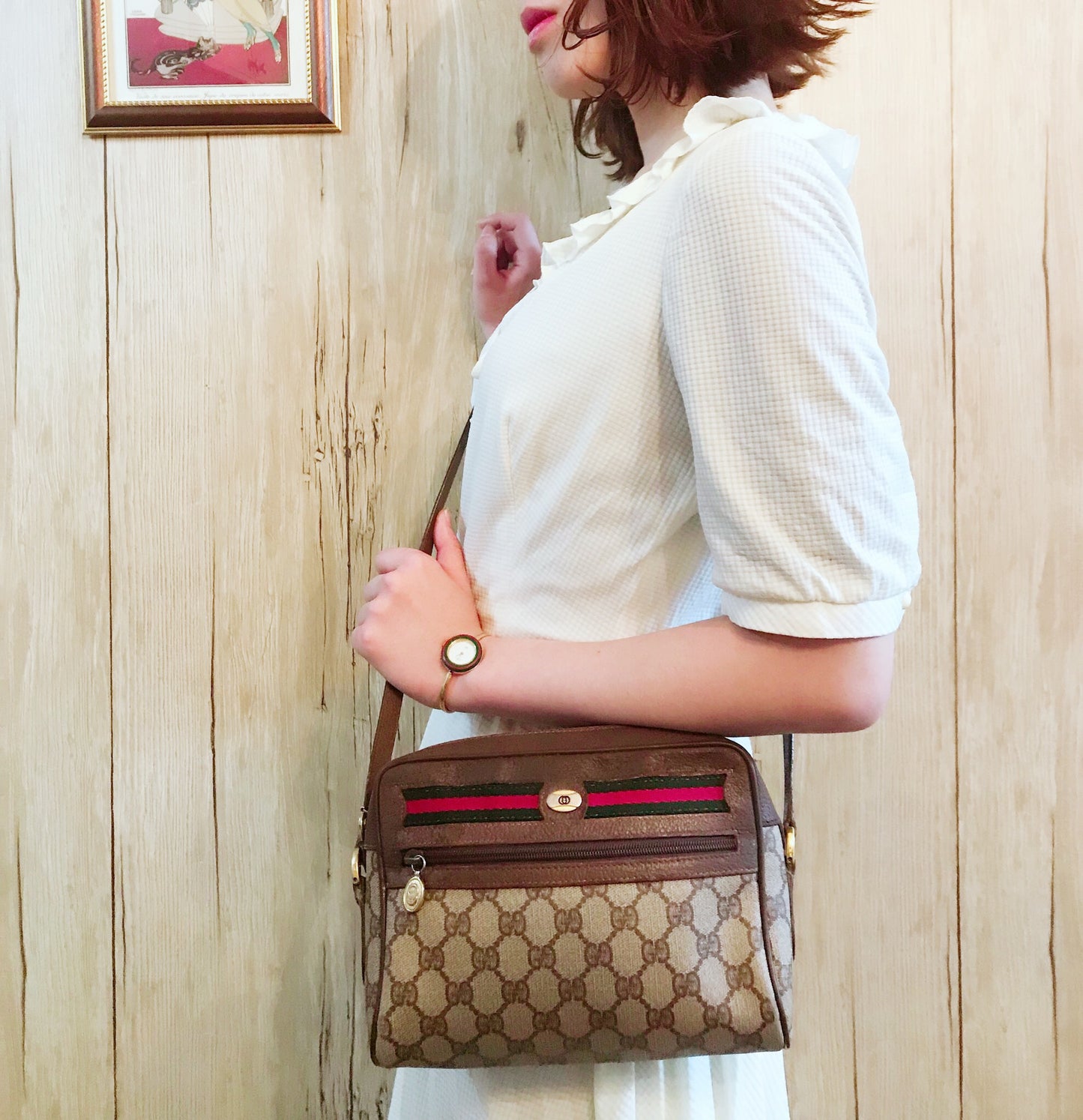 OLD Gucci 定番ショルダー横シェリー(茶・小)