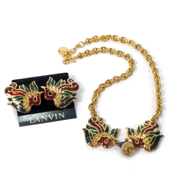 LANVIN バード イヤリング&ネックレス セット（ゴールド×赤×緑