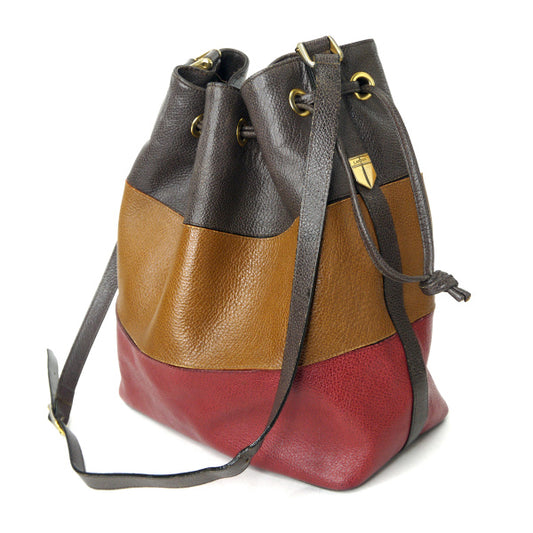 Lanvin 総革マルチカラーボーダー巾着ショルダー(赤/茶系)