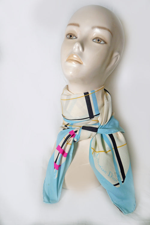 OLD Dior チェック×バタフライ大判スカーフ(水色)