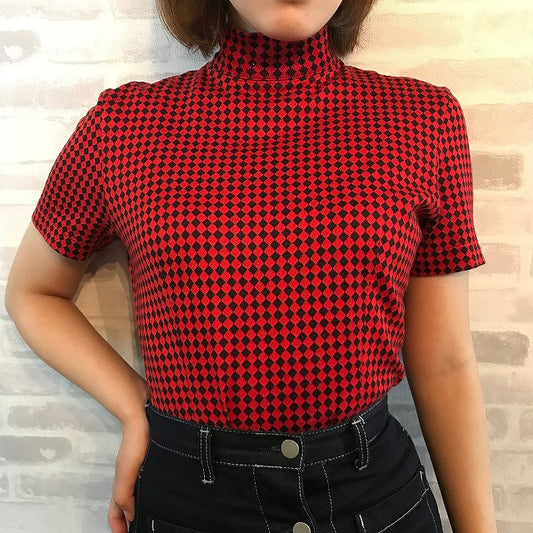 Old Dior ダイヤ柄ハイネックTシャツ(赤)