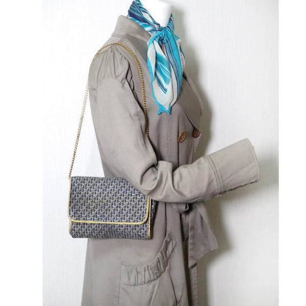 OLD Dior トロッターロゴ刺繍Wチェーンクラッチ(紺)