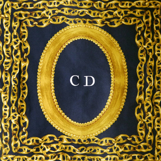 OLD Dior ジュエリー×チェーン柄 大判シルクスカーフ(黒系)
