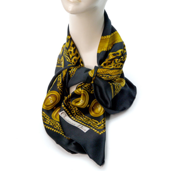 OLD Dior ジュエリー×チェーン柄 大判シルクスカーフ(黒系)