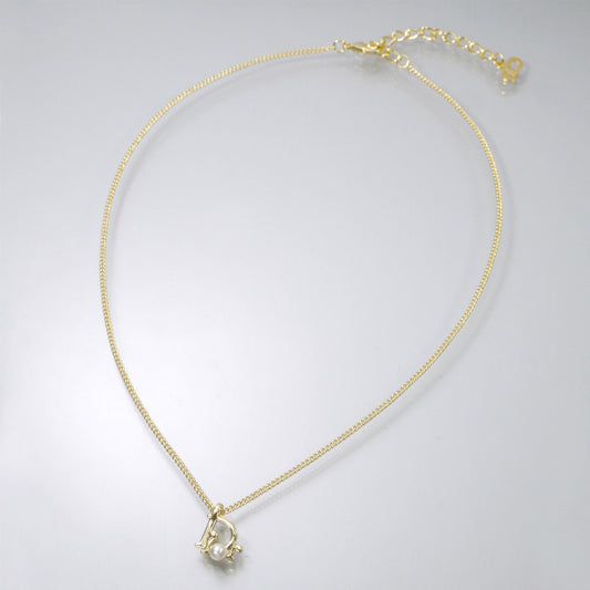 C.Dior 一粒パール×ロゴプレートネックレス(ゴールド)