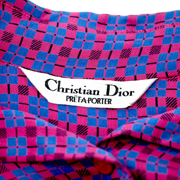 Old Dior チェック柄レトロシルクブラウス (ピンク系)