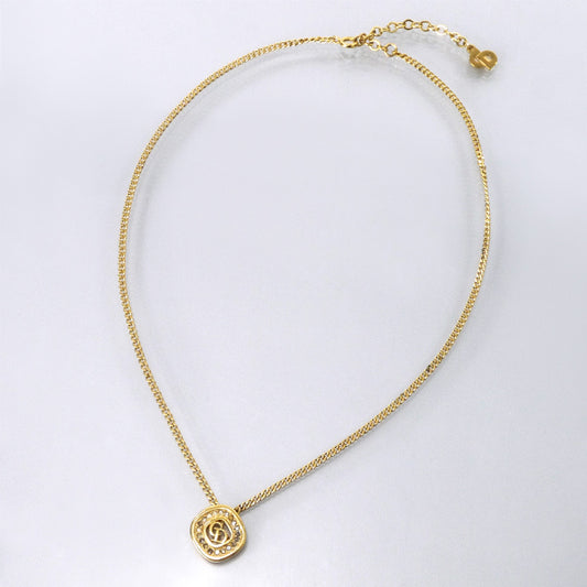 C.Dior スクエアラインストーン ロゴカットアウトネックレス(ゴールド)