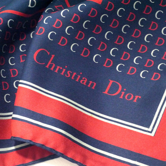 OLD Dior ロゴ大判シルクスカーフ(紺・赤・白系)
