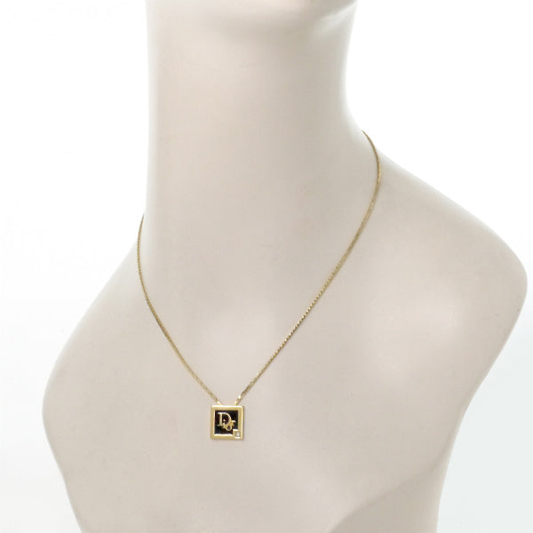 C.Dior 一粒ストーン×ブラックロゴプレートネックレス(ゴールド)