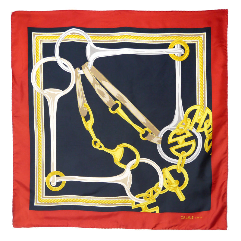 OLD CELINE ビットチェーン柄シルク大判スカーフ（赤×黒系