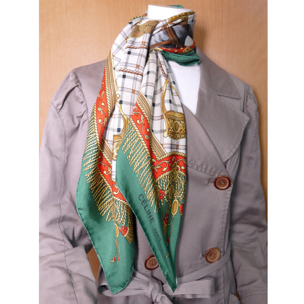 OLD CELINE 馬×チェック柄 大判スカーフ(緑系)