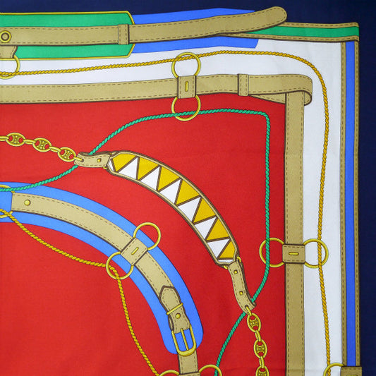 OLD CELINE ベルト柄 大判シルクスカーフ(紺/赤系)