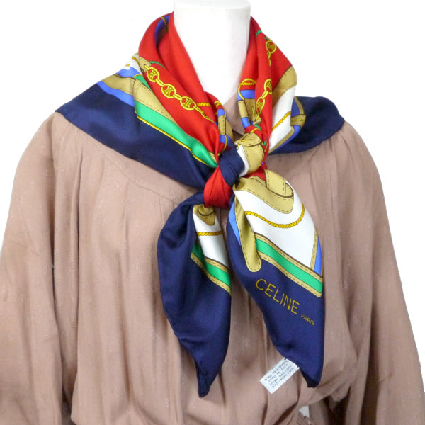 OLD CELINE ベルト柄 大判シルクスカーフ(紺/赤系)