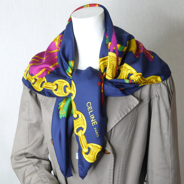 OLD CELINE フリンジ柄大判シルクスカーフ(紺系)