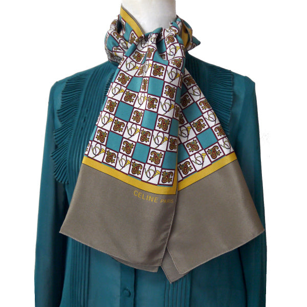 OLD CELINE ペイズリー柄シルクロングスカーフ(茶・緑系)
