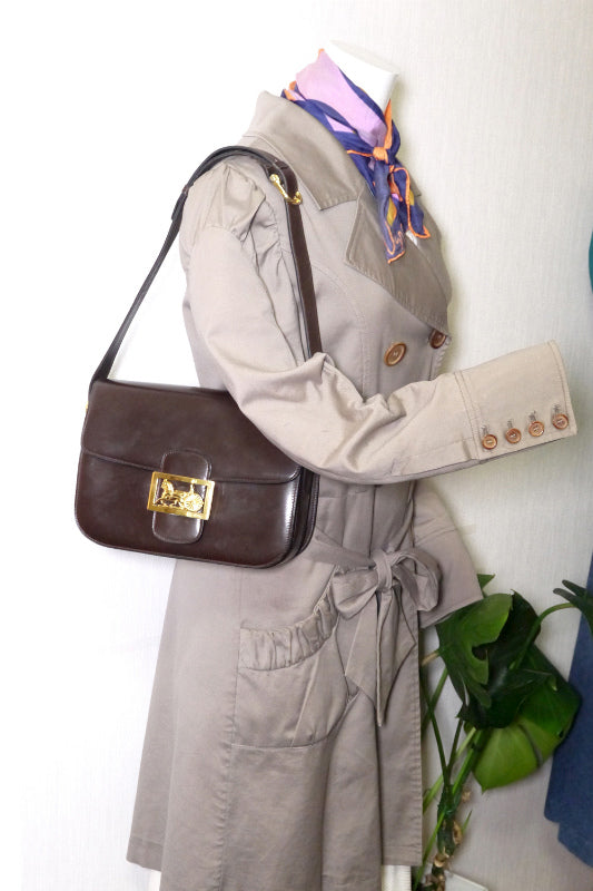 Old Celine 馬車金具ショルダーバッグ(濃茶・総革)