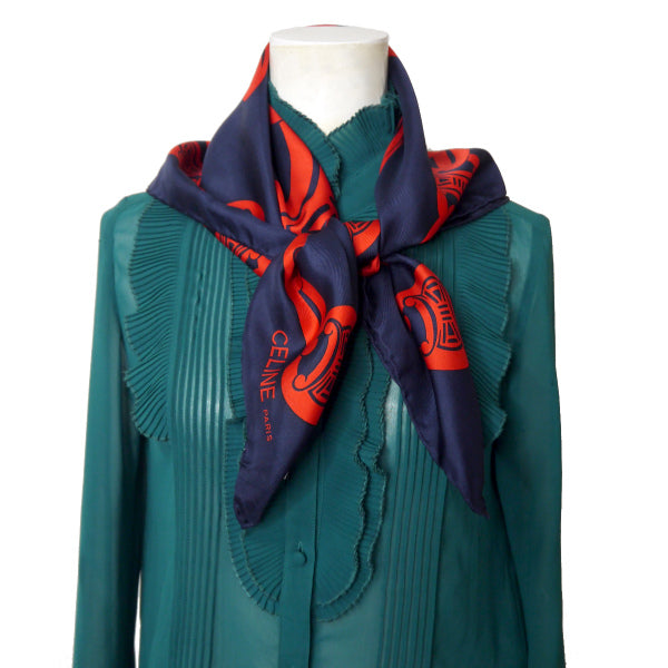 OLD CELINE マカダム×チェーン柄シルク中判スカーフ(赤×紺)