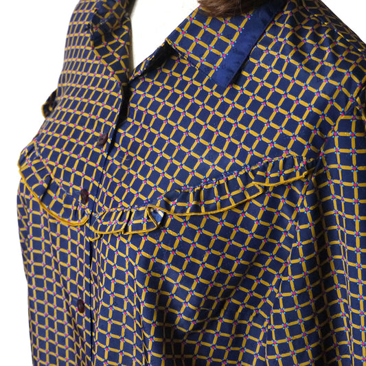 pierre cardin プリントブラウス(黒・ベージュ)