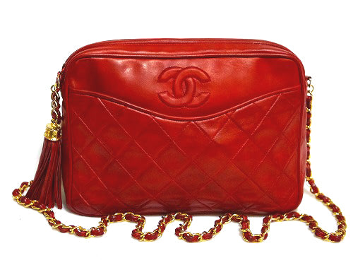 CHANEL フリンジ付マトラッセ・チェーンショルダー(赤)