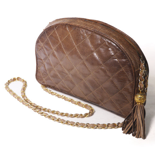 OLD CHANEL フリンジチェーンショルダー(リザード・茶)