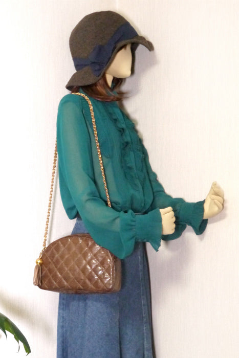 OLD CHANEL フリンジチェーンショルダー(リザード・茶)