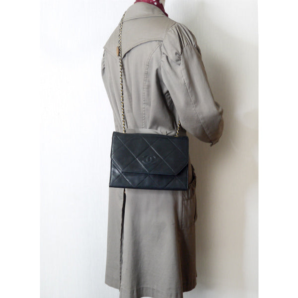 OLD CHANEL ダイヤココマークステッチ チェーンショルダー(黒)