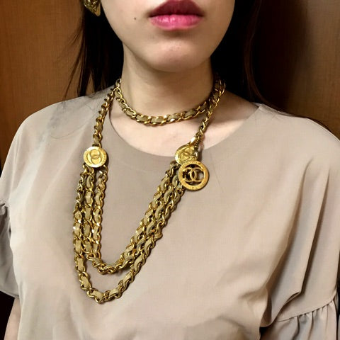 OLD CHANEL 3連ココマーク チェーンベルトネックレス