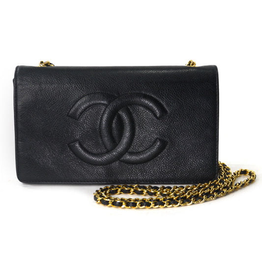 OLD CHANEL ココマークステッチチェーンウォレット(黒/キャビアスキン)