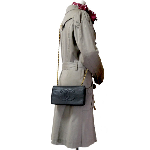 OLD CHANEL ココマークステッチチェーンウォレット(黒/キャビアスキン)