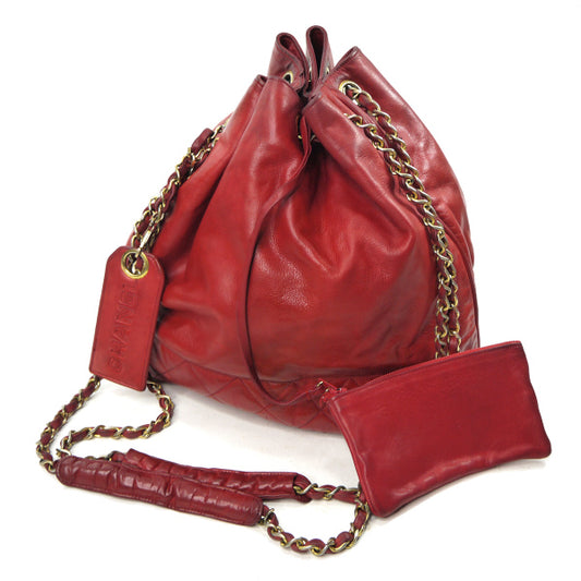 OLD CHANEL マトラッセ巾着Wチェーンショルダー(赤)