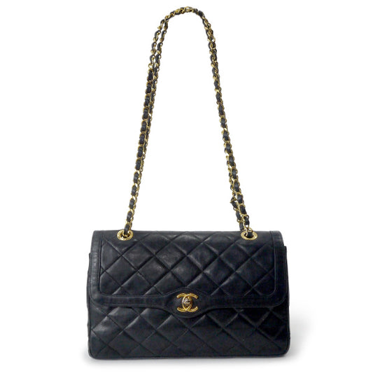 OLD CHANEL エッジデザインWフラップWチェーンバッグ(黒)