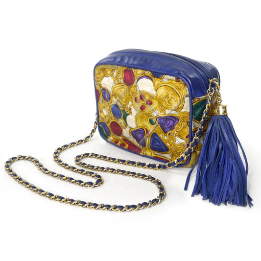 CHANEL 80s ビジュー柄サテンフリンジバッグ