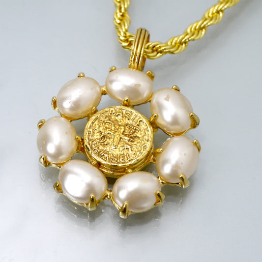 OLD CHANEL メダルモチーフ フラワーパールネックレス(ゴールド)