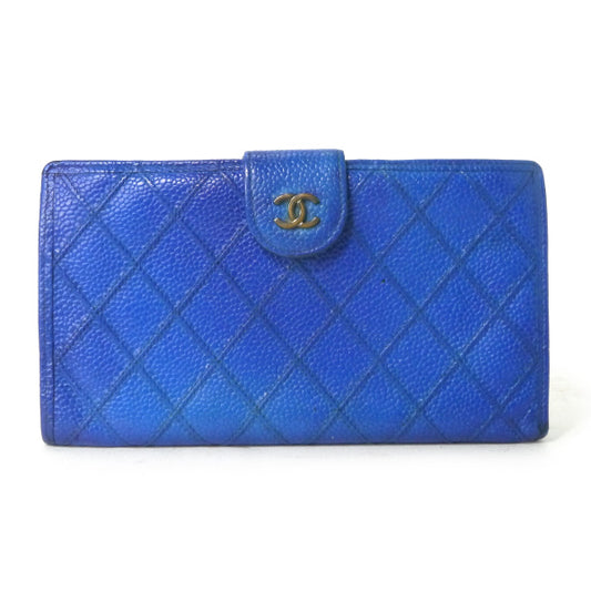 OLD CHANEL ビコローレステッチがま口長財布(青/キャビアスキン)