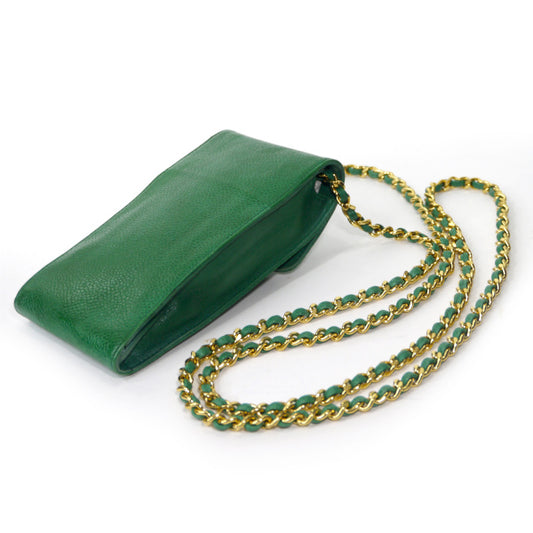 OLD CHANEL ココマークステッチ マルチケース(緑/キャビアスキン)