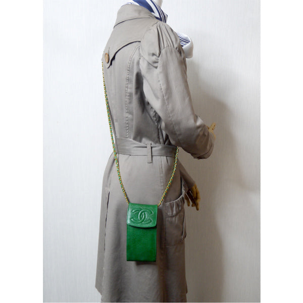 OLD CHANEL ココマークステッチ マルチケース(緑/キャビアスキン)