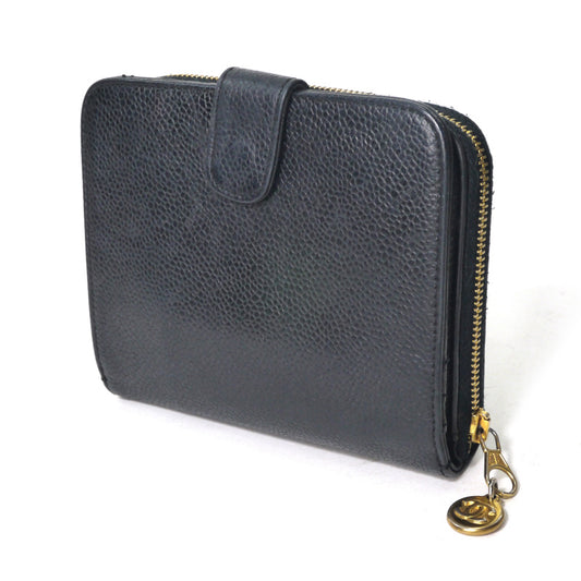 OLD CHANEL ココステッチ ラウンドジップ折財布(黒/キャビアスキン)