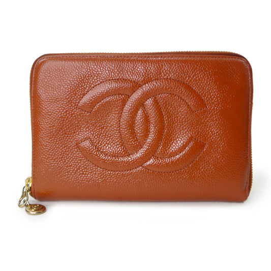 OLD CHANEL ココステッチ ラウンドジップがま口長財布(オレンジ/キャビアスキン)