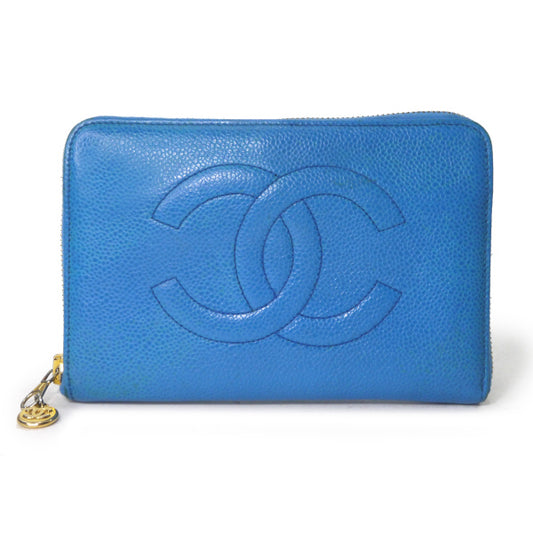 OLD CHANEL ココステッチ ラウンドジップがま口長財布(青/キャビアスキン)