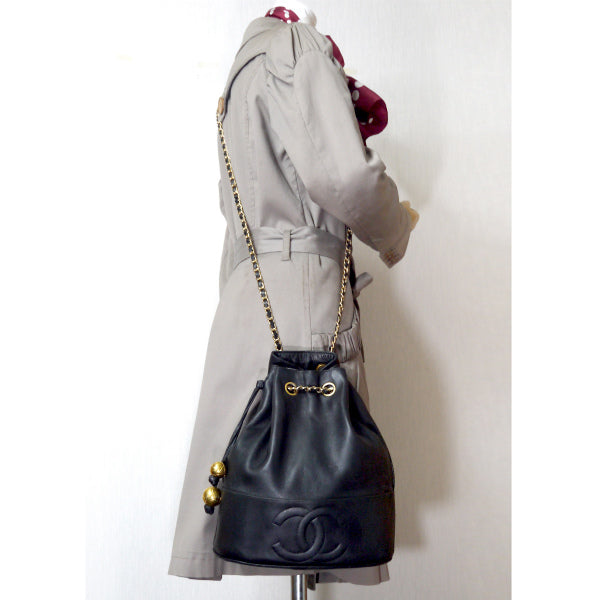 OLD CHANEL ココマークステッチ巾着Wチェーンショルダー(黒)