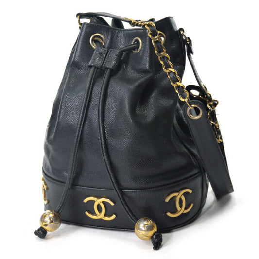 OLD CHANEL キャビアスキン 6ココマーク巾着チェーンバッグ(黒)