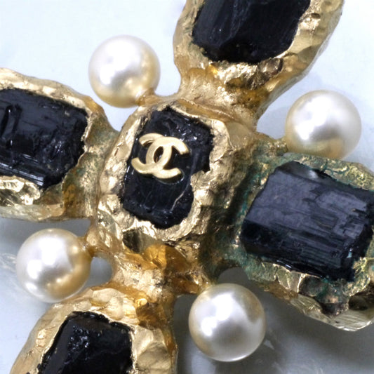 Vintage CHANELブラックストーン クロスブローチ