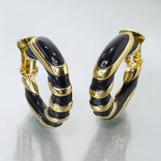 YVES SAINT LAURENT ブラックストライプフープイヤリング(ゴールド/黒)